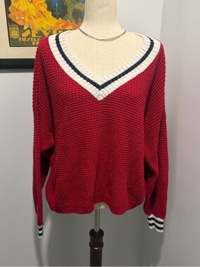 Hollister Waffle Knit V Neck Cropped Sweater Women’s Large Red White Blue